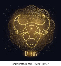 Signo zodiaco lineal brillante dorado Taurus. Ilustración vectorial. Arte de línea de estilo enmarañado Zen