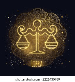 Golden sparkling linear zodiac sign Libra. Vector illustration.Line art. Zen tangle style