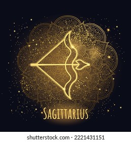 Golden sparkling linear zodiac sign Sagittarius. Vector illustration.Line art. Zen tangle style