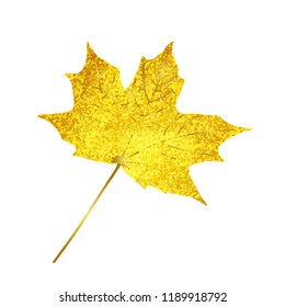 Golden sparkling maple leaf isolated on white Background. Top View Close-Up Gold autumn maple leaf vector illustration