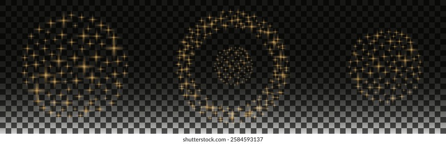 Golden Sparkling Particles Forming Circular Patterns on a Transparent Background. A digital illustration showcasing golden sparkling particles arranged in circular patterns against a transparent 