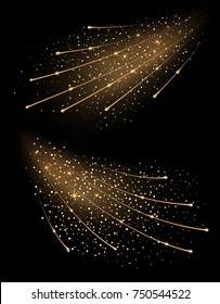 Golden sparkling rays isolated on black background. Glitter bright trail, light flash effect. Vector illustration.