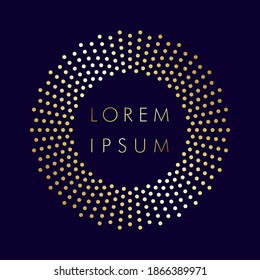 Golden sparkling ring with dust glitter on dark background. Decorative glowing shiny design. Discount sign with empty center. Letter O logotype or zero label. First place gold medal, metallic element.