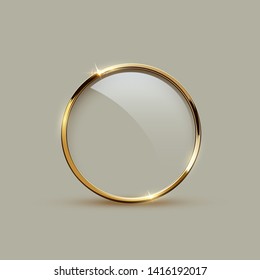 Golden sparkling ring with glass isolated on gray background. Vector golden frame