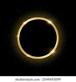 Anillo brillante de oro con efecto de brillo sobre fondo negro. Marco de Premio Círculo Brillante. Vector Anuncio Plantilla con Espacio para texto.