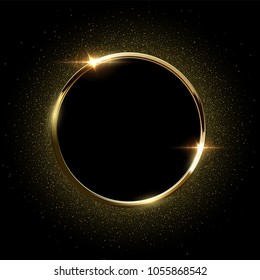 Golden sparkling ring with golden glitter isolated on black background. Vector golden frame. - Shutterstock ID 1055868542