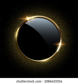 Golden sparkling ring with glitter isolated on black background. Vector luxury golden frame.