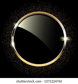 Golden sparkling ring with golden glitter isolated on black background. Vector golden frame.