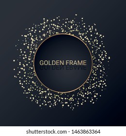 Golden sparkling ring with golden glitter isolated on black background. Vector golden frame