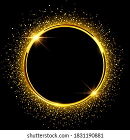 Golden sparkling ring with glitter isolated on black background. Vector luxury golden frame.