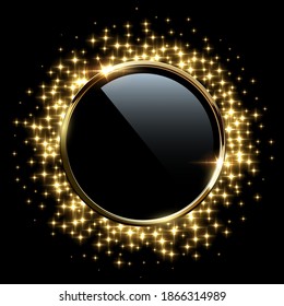 Golden sparkling ring with glitter isolated on black background. Vector luxury golden frame