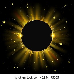 Golden sparkling ring with glitter isolated on black background. Circle frame with rays and stars Vector luxury golden frame.