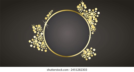 Golden sparkling ring with golden glitter isolated on black background. Vector golden frame.