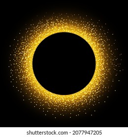 Golden sparkling ring with glitter on black background. Vector luxury and shiny golden frame with magic brocade dust.