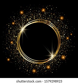 Golden sparkling ring with golden glitter, vector on black background. Golden frame.