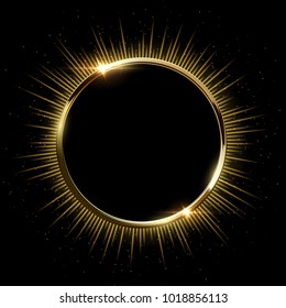 Golden sparkling ring with rays and glitter isolated on black background. Vector golden frame.