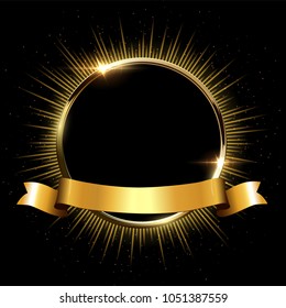 Golden sparkling ring with rays and glitter and golden ribbon isolated on black background. Vector golden frame.