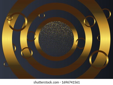 Golden sparkling ring with golden rings and circles  on black background.