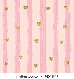 Golden sparkling shiny confetti hearts on a striped background. Seamless pattern. Shiny gold background. Hand painted brush strokes.Valentine's Day card