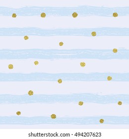 Golden sparkling shiny confetti on a striped background. Seamless pattern. Shiny gold background. Hand painted brush strokes.