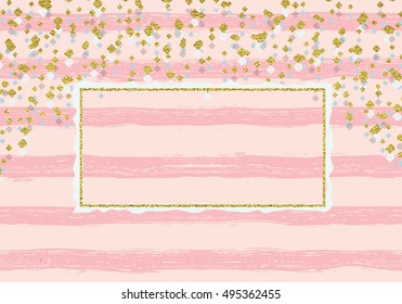 Golden sparkling shiny confetti on a striped background. Rose pattern. Hand painted brush strokes. Falling Snow . Christmas Holiday Mood Background. New Year Weather Background