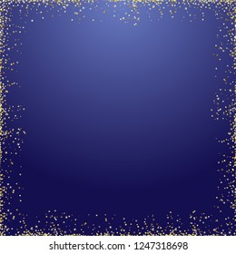 Golden sparkling square congratulating frame with dust glitter, abstract graphic congrats on dark blue background. Glorious decorative glowing shiny rectangle design. Discount metallic magic centre.