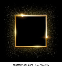 Golden sparkling square frame with golden glitter isolated on black background. Vector design element