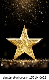 Golden sparkling star isolated on dark background. Vector design element