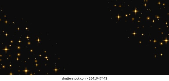 Golden sparkling stars background, shiny particles light effect, transparent flying stardust texture, abstract twinkle backdrop.