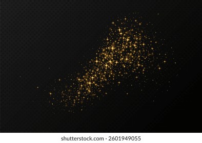 Golden sparkling stars, shiny particles light effect, transparent flying stardust texture