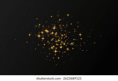 Estrelas cintilantes douradas, partículas brilhantes efeito de luz, textura transparente de poeira estelar voadora