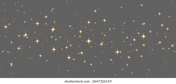 Golden sparkling stars, shiny particles light effect, transparent flying stardust texture