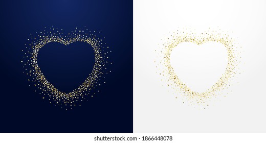 Golden sparkling stroke heart with dust glitter graphic, dark and white backgrounds. Decorative glowing dots, shiny texture, creative design. Discount badge, ring with empty center. Lovely vector sign