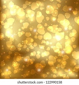 Golden sparkling valentines background with heart, illustration.