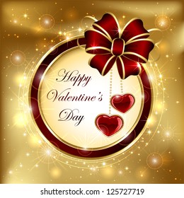 Golden sparkling valentines background with hearts and ribbon, illustration.