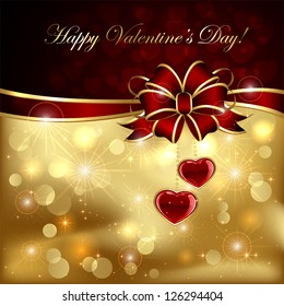 Golden sparkling valentines background with hearts and bow, illustration.