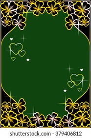 Golden sparkly clover leaves on a black. Luxury background for St. Patrick's greetings card.