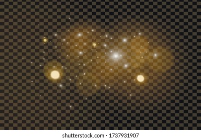 Golden sparks glitter special light effect. Vector sparkles on transparent background. Sparkling magic dust particles.