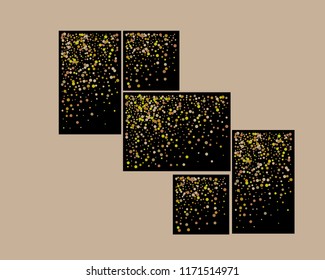 Golden sparks on a black background. A set for decorating holiday greeting cards.