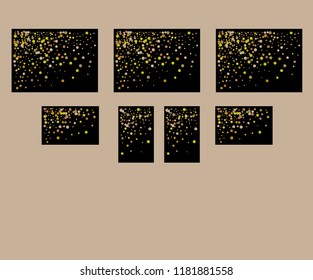 Golden sparks on a black background. A set for decorating holiday greeting cards.