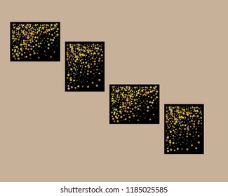 Golden sparks on a black background. A set for decorating holiday greeting cards.