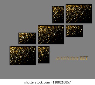 Golden sparks on a black background. A set for decorating holiday greeting cards.