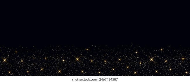 Golden sparks on a black background. Shiny confetti and glitter sparkling texture with glowing lights. Vector illustration.
