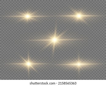 Golden sparks sparkle with a special light. Light rays of horizontal gold color with glare and flashes. Effects, glare, lines, glitter, explosion stars. Glowing yellow star with sparkles. Vector 