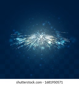 golden sparks of vector fireworks on mosaic blue background, convenient editable design element