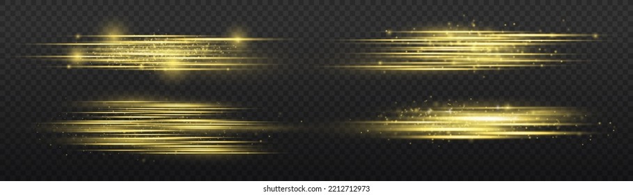 Golden special effect, speed line. Particle motion effect. Magic of moving fast lines. Beautiful glow gold light flare and spark dust. Laser beams, horizontal yellow light rays. Vector illustration.