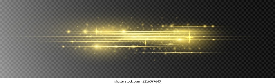 Golden special effect, speed line. Particle motion effect. Magic of moving fast lines. Beautiful glow gold light flare and spark dust. Laser beams, horizontal yellow light rays. Vector illustration.