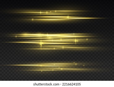 Efecto especial de oro, línea de velocidad. Efecto de movimiento de partículas. Magia de mover líneas rápidas. Hermoso resplandor de luz dorada y polvo de chispa. Vigas láser, rayos de luz amarillos horizontales. Ilustración vectorial.