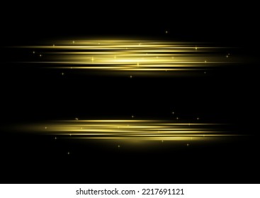 Golden special effect, speed line. Particle motion effect. Magic of moving fast lines. Beautiful glow gold light flare and spark dust. Laser beams, horizontal yellow light rays. Vector illustration.