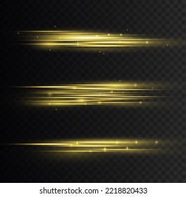 Golden special effect, speed line. Particle motion effect. Magic of moving fast lines. Beautiful glow gold light flare and spark dust. Laser beams, horizontal yellow light rays. Vector illustration.